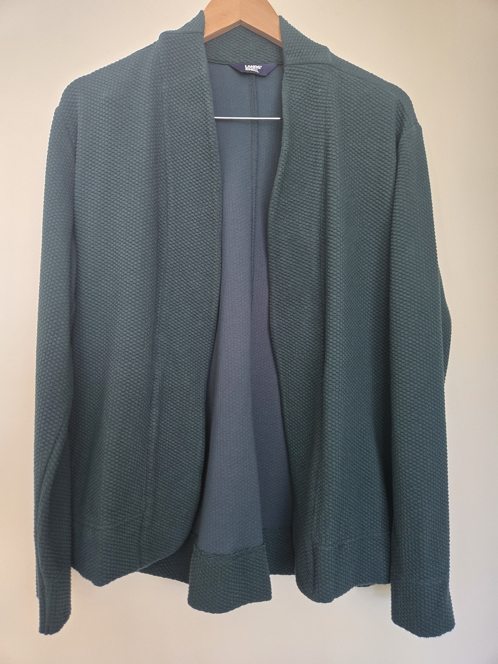 Lands' End Men's Dark Green Open-Front Textured Cardigan